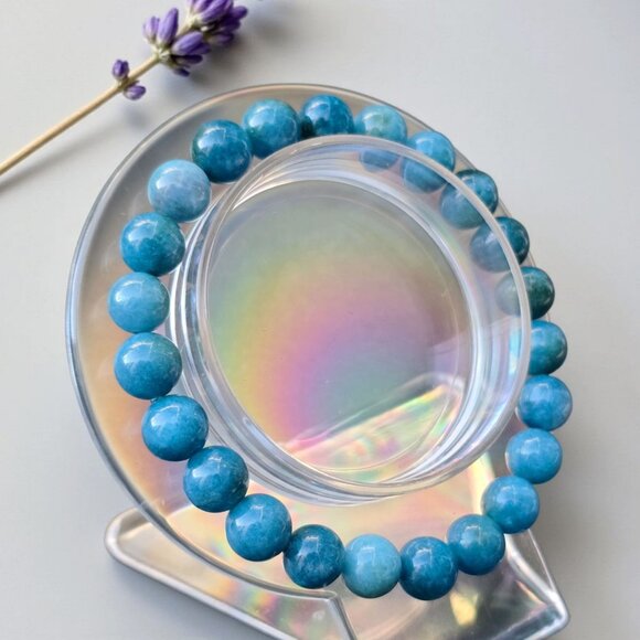 Blue Apatite ✦ Handmade Bracelet ✦ 8mm Beads Elastic Gemstone Jewelry NWT - Picture 1 of 9